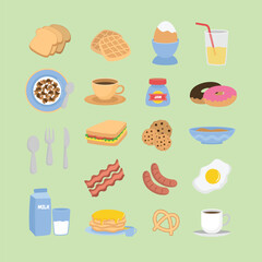 Collection of Illustrated Breakfast Foods and Beverages Hand Drawn Flat Design
