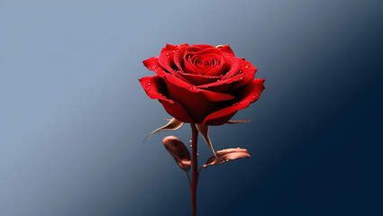 Fototapeta premium red rose with water drops on blue