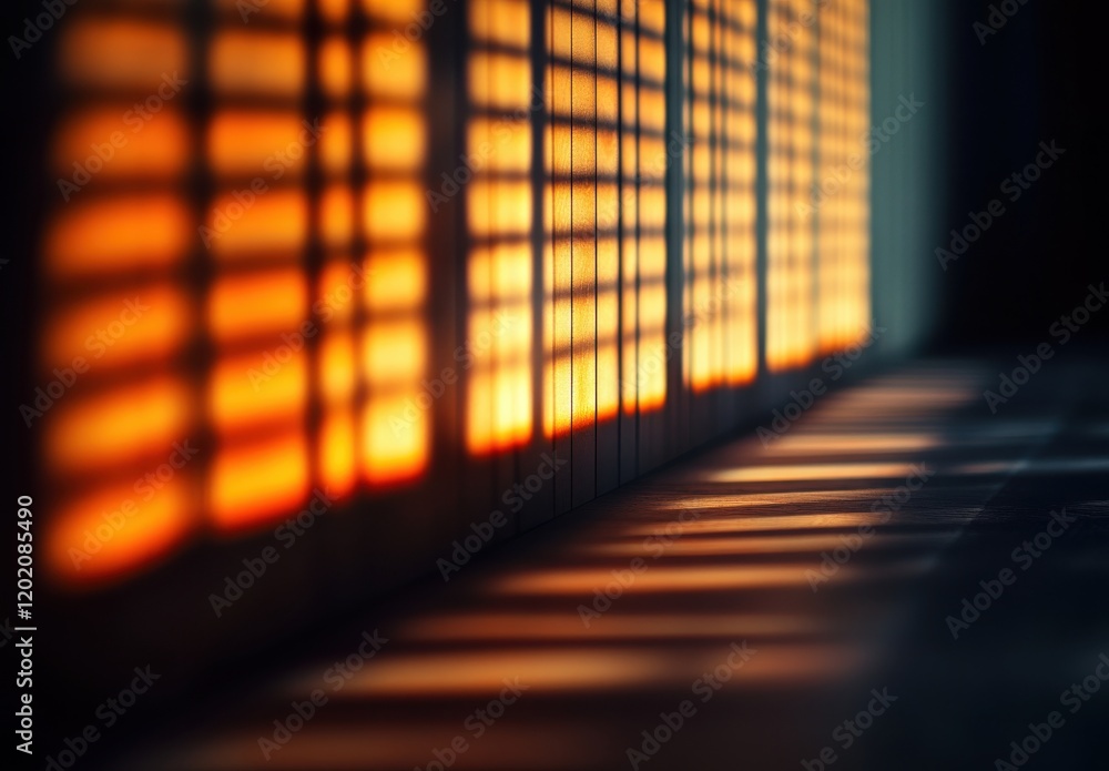 Poster warm sunlight cascading through gridded windows, creating intricate shadows on a modern floor, invok