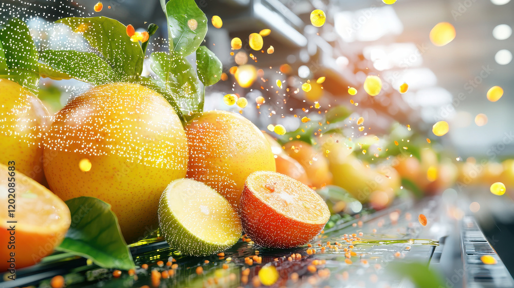 Leinwandbilder high tech fruit sorting system with oranges and leaves, showcasing vibrant colors and dynamic motion