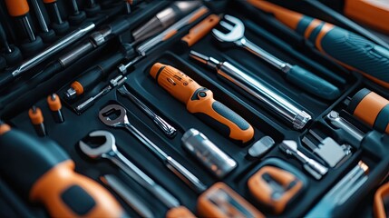 Tool case displays electric drill, screwdriver components, and various tools, presenting a minimalistic design on a clean white background