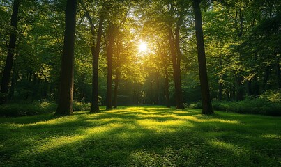 Sunlit forest glade, green grass, trees, summer peace