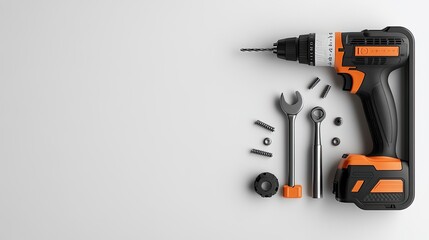 Tool case displays electric drill, screwdriver components, and various tools, presenting a minimalistic design on a clean white background