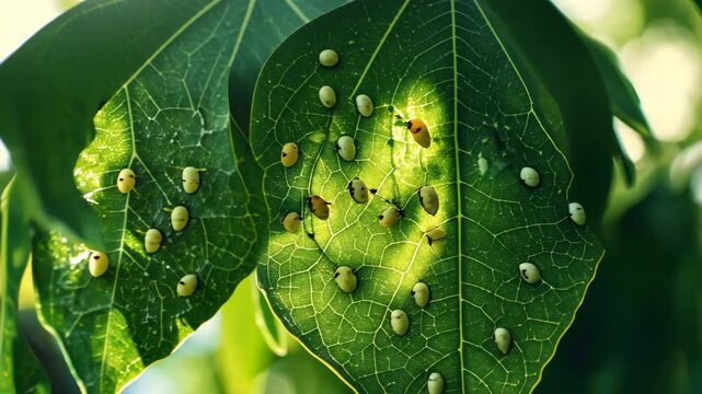 Close-up view of leaf surfaces hosting numerous small insect eggs in a natural setting