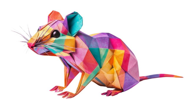 Origami rat with detailed folds, vibrant colors in paper art, isolated on transparent background