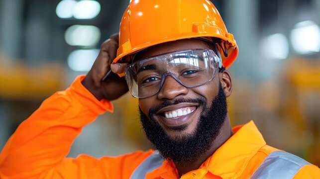 Happy factory worker portrait, industrial background