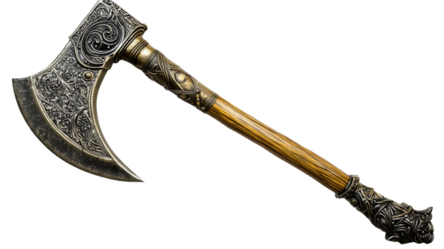 Ornate battle axe, intricately crafted with decorative handle, isolated on transparent background