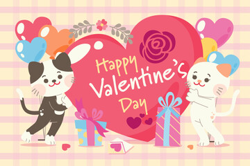 Cute Couple Cat Character Celebrate Valentine's Day Together With Love Sweet Elements Decoration, Greeting Card