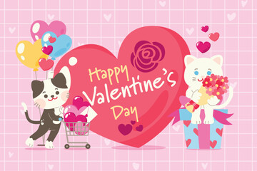 Cute Couple Cat Character Celebrate Valentine's Day Together With Love Sweet Elements Decoration, Greeting Card
