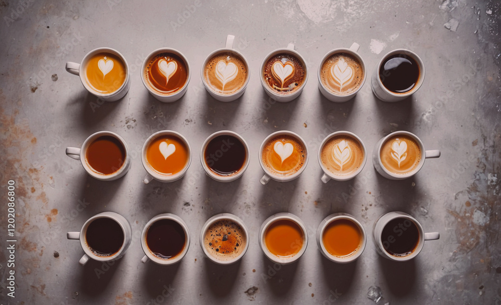 Poster a row of coffee cups with hearts on them. the cups are arranged in a line, with some cups having hea