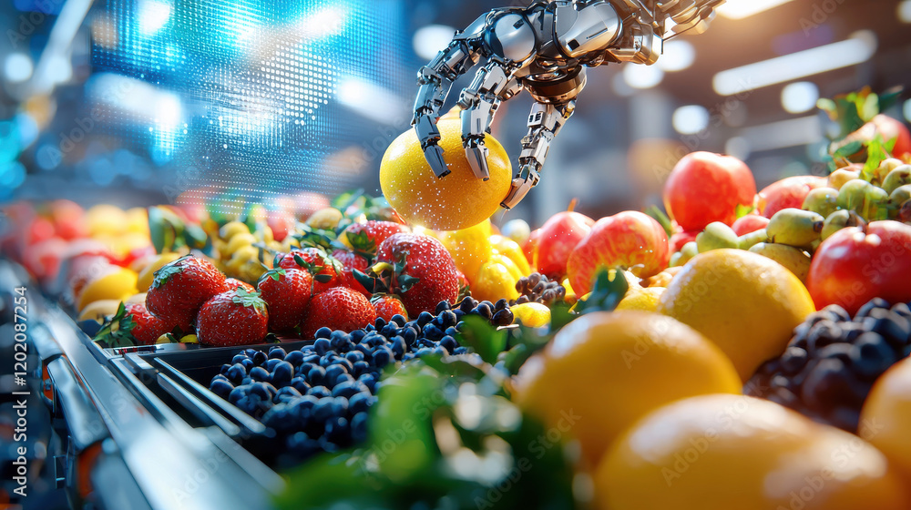 Leinwandbilder robotic arm sorting variety of colorful fruits in modern grocery store, showcasing advanced technolo