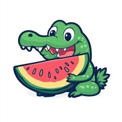 Happy crocodile enjoying watermelon slice, summer fun, cartoon illustration for kids