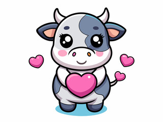 Cute cartoon cow with pink bow and heart in Valentine's Day kawaii style