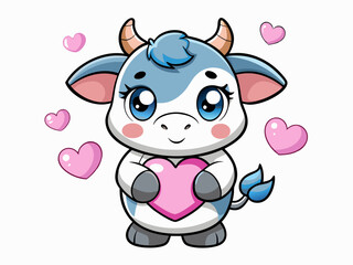 Cute cartoon cow with pink bow and heart in Valentine's Day kawaii style
