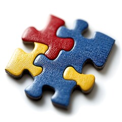 Obraz premium A classic wooden puzzle with interlocking pieces in various bright colors, centered on a clean white backdrop. The toy is photographed with sharp focus, showcasing the smooth edges and vibrant 