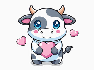 Cute cartoon cow with pink bow and heart in Valentine's Day kawaii style