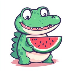 Obraz premium Happy crocodile eating watermelon slice