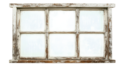 Weathered wooden window frame, rustic design, frosted glass panes, vintage architecture, historic building, old window, isolated on transparent background