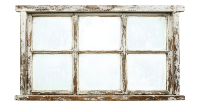 Weathered wooden window frame, rustic design, frosted glass panes, vintage architecture, historic building, old window, isolated on transparent background