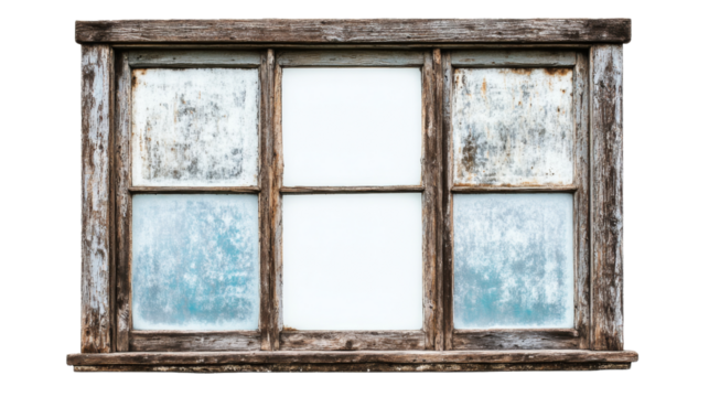 Weathered wooden window frame, rustic design, frosted glass panes, vintage architecture, historic building, old window, isolated on transparent background