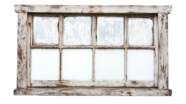 Weathered wooden window frame, rustic design, frosted glass panes, vintage architecture, historic building, old window, isolated on transparent background