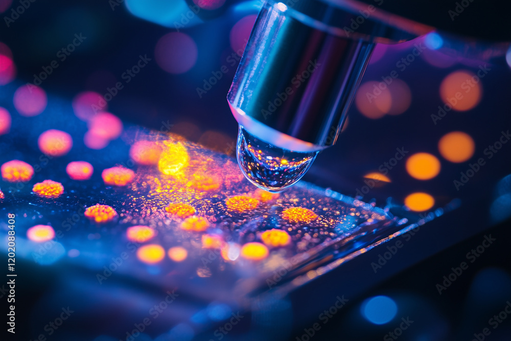 Poster close-up view of colorful glass slide under a microscope showcasing microscopic samples with vibrant