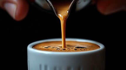 Close-up of coffee being poured into a white ceramic cup with rich frothy crema