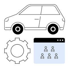 Minimal car icon, gear symbol, and interface with user icons. Ideal for automotive innovation, tech integration, teamwork, mobility, software development, transportation abstract line flat metaphor