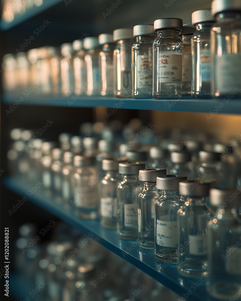 Poster lab shelf filled with transparent vials containing various substances for research in a modern labor