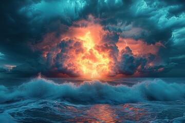 Fototapeta premium dramatic seascape with massive storm clouds illuminated by lightning strikes, turbulent waves beneath threatening sky in panoramic composition