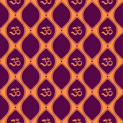 Traditional seamless pattern with Om symbol in purple and orange tones, a repetitive spiritual and decorative design inspired by Indian culture and meditation