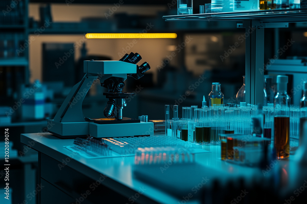 Poster laboratory workspace equipped with scientific instruments and glassware for research and analysis in