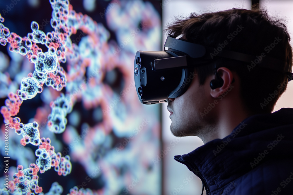 Poster researcher exploring molecular structures using virtual reality technology in a laboratory setting