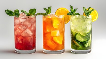 Fresh detox drinks with vibrant citrus fruits and aromatic mint leaves displayed on a minimal white background showcasing a clean and healthy lifestyle concept for nutrition wellness and rejuvenation