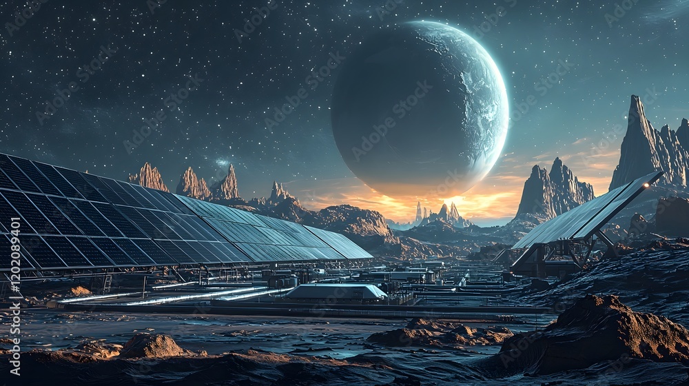 Poster futuristic solar farm with state of the art satellite communication arrays situated in a deep space 
