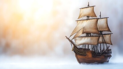 A detailed miniature pirate ship toy with sails, cannons, and vibrant colors, arranged on a white backdrop. The toy is photographed with sharp focus, showcasing its intricate design and playful 