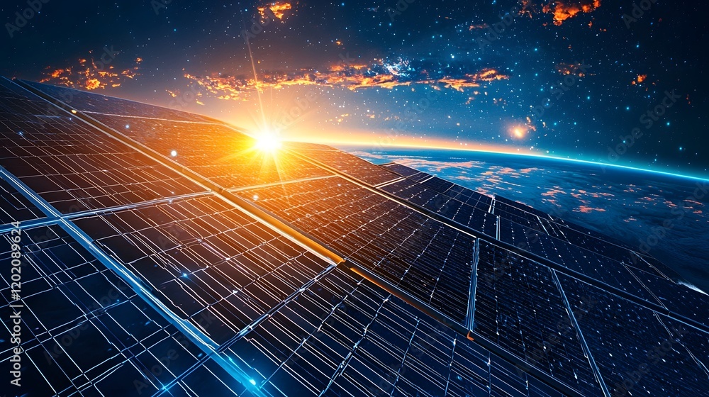 Poster futuristic solar power station on a space platform relaying real time energy data and analytics to e