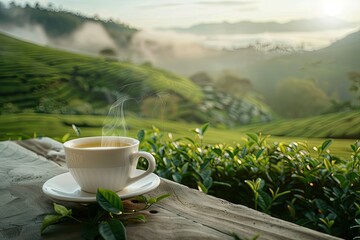 Cup of Hot Tea Beverage is Sitting on a Table with a Tea Plantation Background