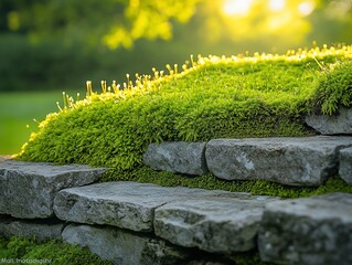 Fototapeta premium Sunlit moss-covered stone wall, garden backdrop