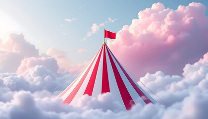 Red and White Circus Tent Soaring Above Cloudscape: A Dreamy Fairytale Scene