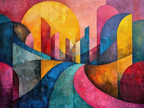 Vivid abstract art with bold colors and geometric shapes creates a dynamic textured landscape. Ideal for wall art, prints, and digital backgrounds.