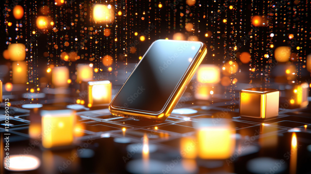 Poster futuristic smartphone surrounded by glowing cubes and digital particles, creating vibrant tech atmosphere. scene evokes innovation and modernity
