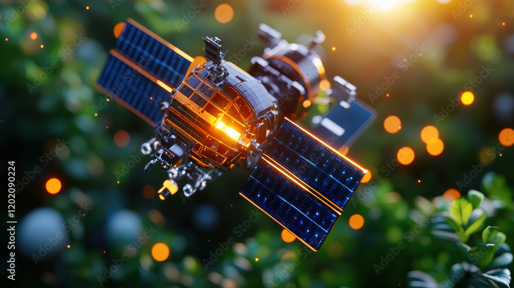 Fototapete detailed 3D model of futuristic satellite with solar panels, floating in vibrant environment. sunlight reflects off its surface, creating captivating visual effect