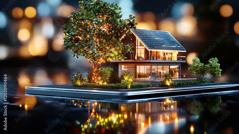 Poster futuristic 3d smart home model with solar panels, surrounded by greenery and illuminated by soft lig