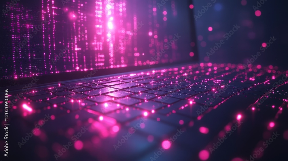 Poster abstract digital backdrop with glowing pink particles cascading over a laptop keyboard, showcasing m