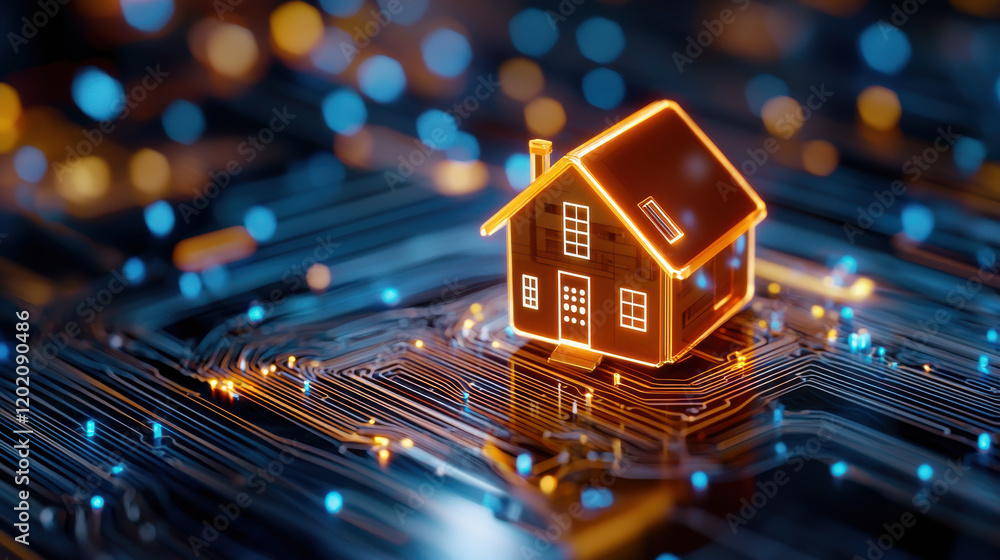 Aufkleber futuristic 3D smart home model illuminated with glowing circuits, showcasing advanced technology and innovation in home design
