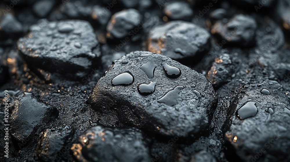 Sticker Water drops on dark wet rocks, blurred background