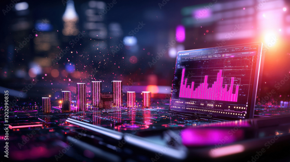 Poster vibrant smart city command center with AI driven analytics displayed on laptop, showcasing colorful data visualizations and futuristic cityscape elements