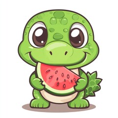 Naklejka premium Cute cartoon lizard eating watermelon, summer fun, white background, children's book illustration