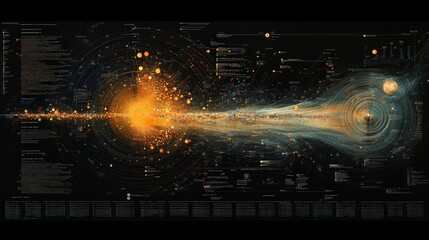 Artistic representation of the solar system's formation, showcasing cosmic elements, planetary orbits, and celestial phenomena in a colorful and detailed infographic style.